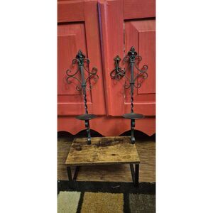 Set of 2 Cast Iron 17" Wall Hanging Candle Holders Sconce Fleur Di Lis Metal EUC